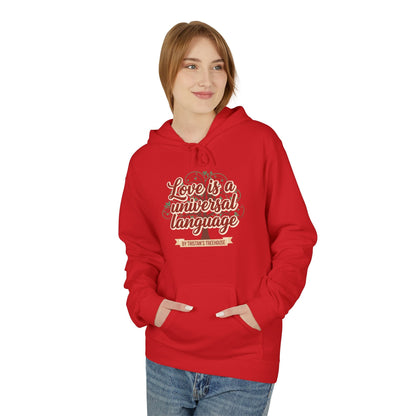 Hoodie — “Love is a Universal Language” Cozy Retro Cabin Graphic Hoodie