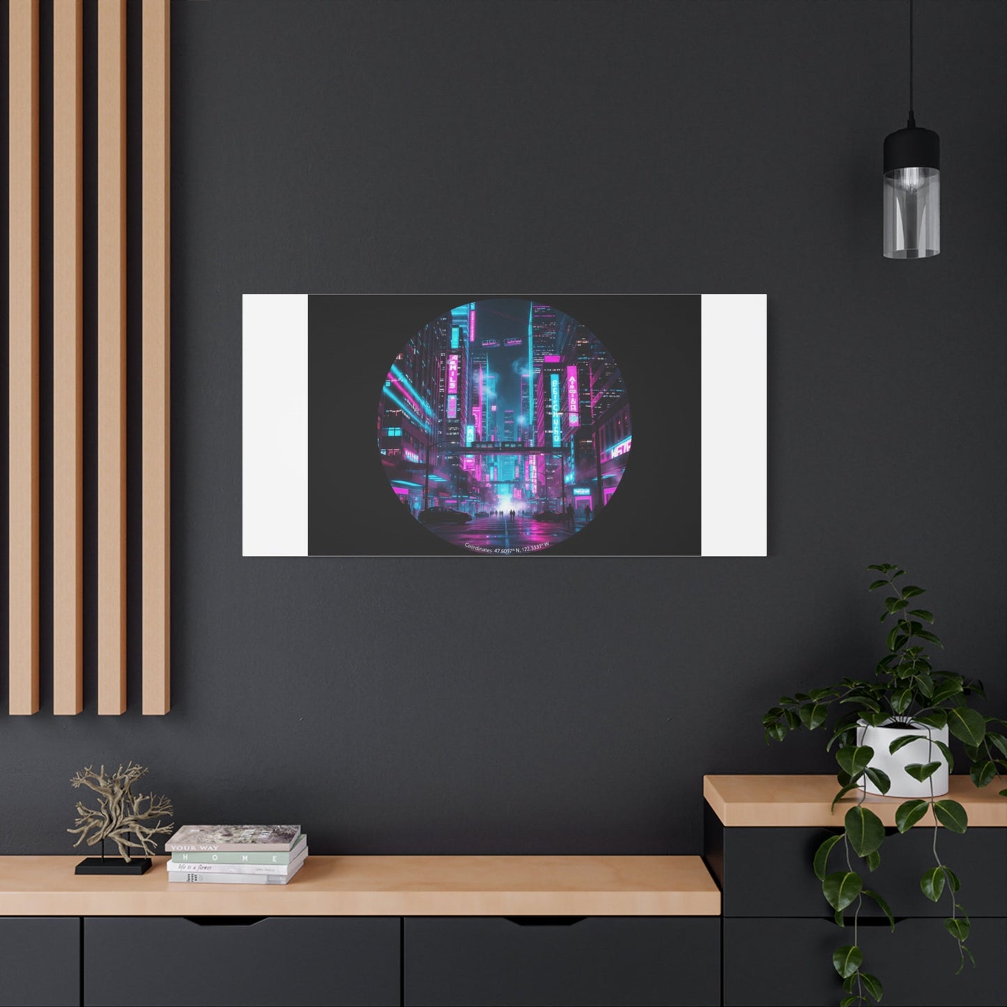 Neon Cyberpunk Cityscape Canvas | synthwave skyline, future city art