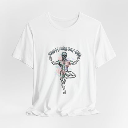 Hard Rock Motivational Skull Yoga Tee | metal font shirt, gothic wellness quote