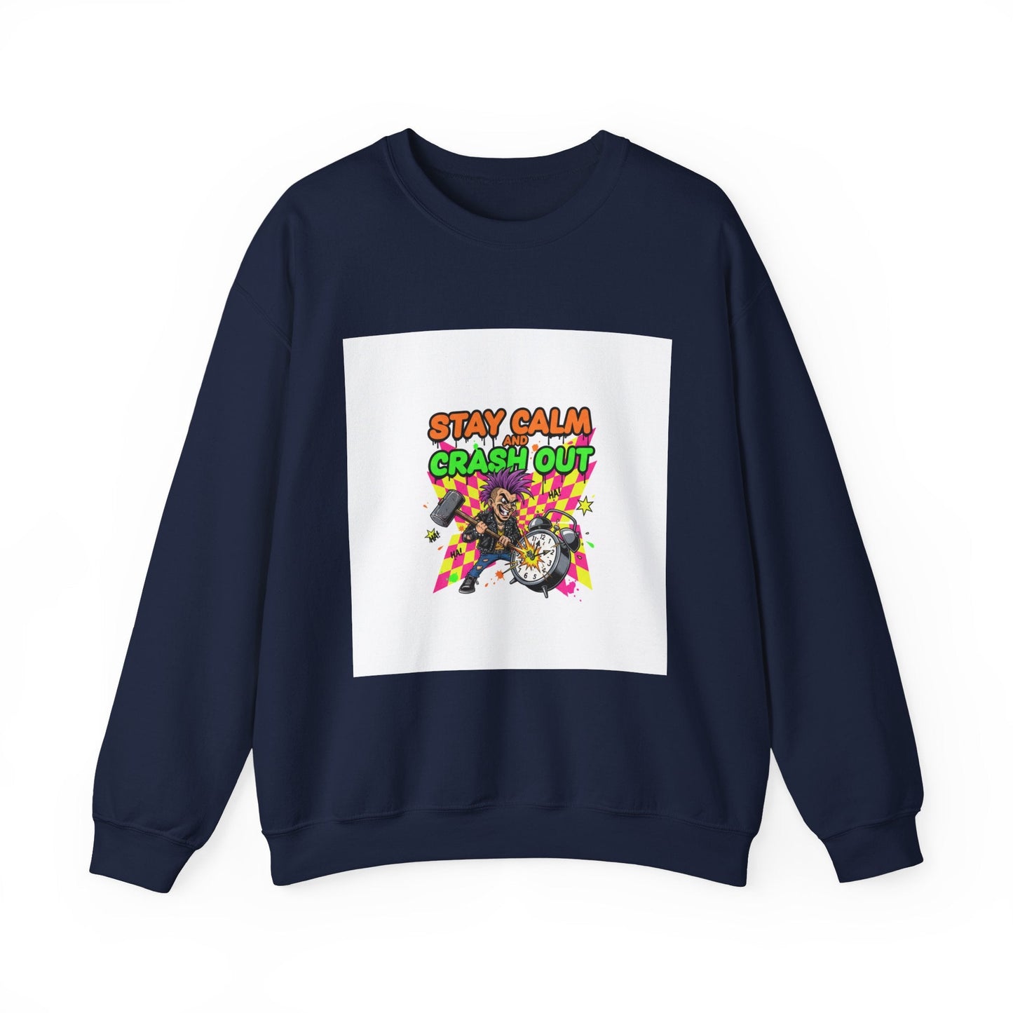 Stay Calm Crash Out Crewneck Sweatshirt | neon graffiti, meltdown design