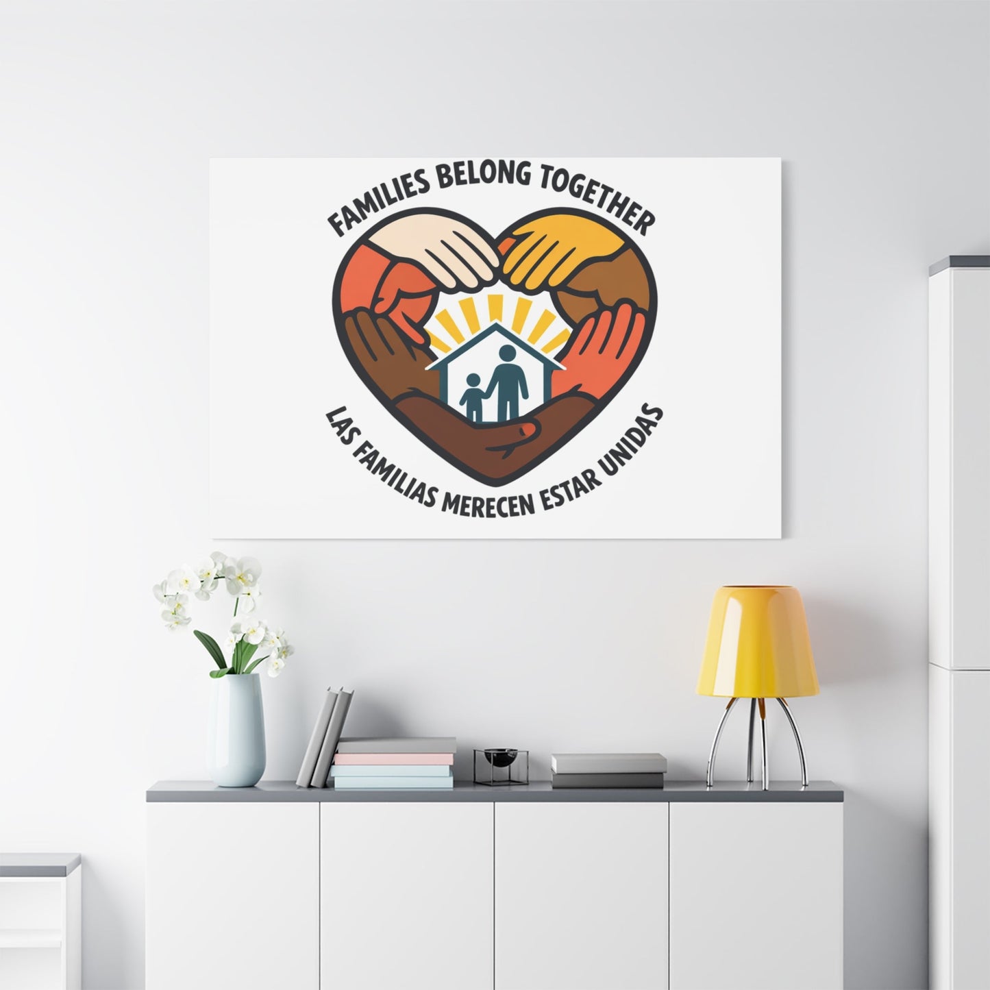 Families Belong Together Canvas, family unity solidarity, bilingual inclusive decor