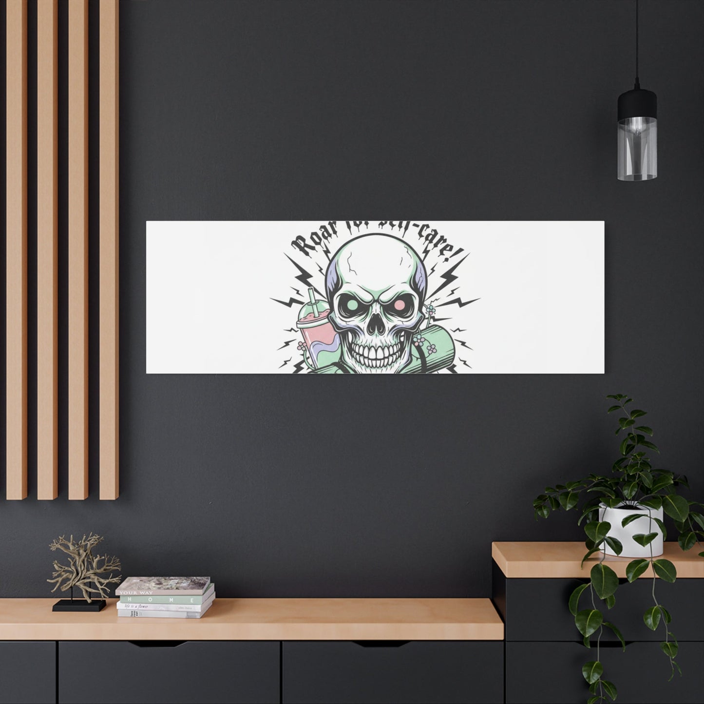 Roar for Self-Care Skull Canvas | heavy metal wellness, gothic wellness quote