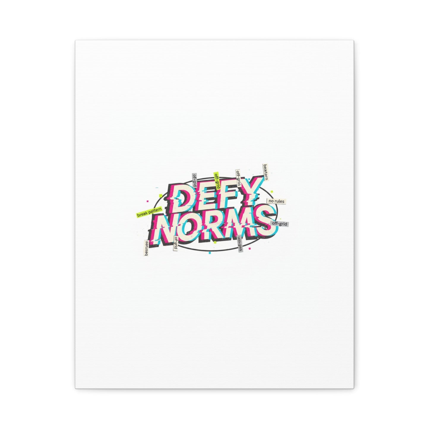 Defy Norms Canvas, Anti-Aesthetic Glitch Typography, Brutalist Poster Style