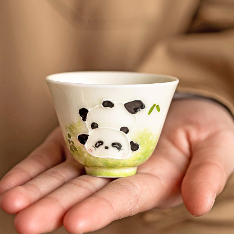 Ceramic Cup Hand Drawn Pile Carving Panda Wishing Cup