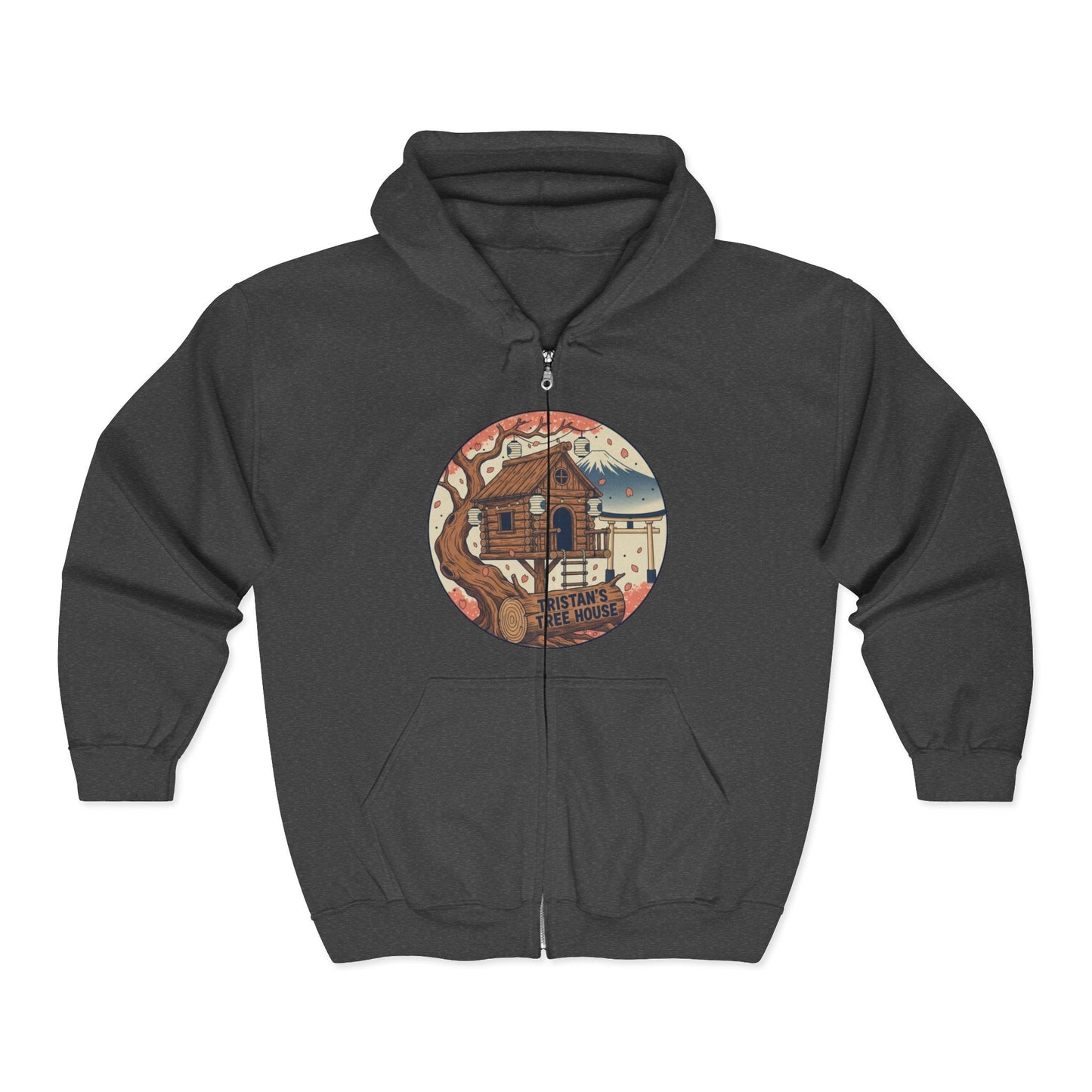 Cabin Vibes Zip Hoodie —Tristan’s Treehouse  Rustic Lakeside Circle Illustration