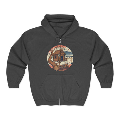 Cabin Vibes Zip Hoodie —Tristan’s Treehouse  Rustic Lakeside Circle Illustration