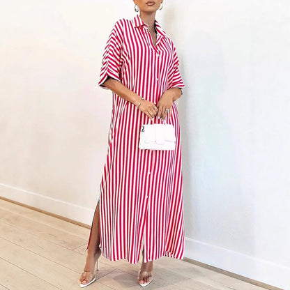 Elegant Casual Striped Shirt Dress - Lightweight 3/4 Sleeve Midi Dress
