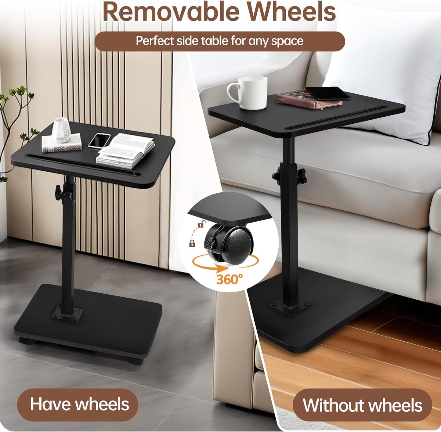 Adjustable Roller Movable Wood Table With Groove For Ipad F360 Rotating Tabletop Mobile Stand Home Office Tray Standing Rolling