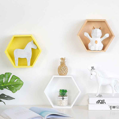Nordic Hexagon Solid Wood Wall Shelf - Geometric Floating Decorative Display Rack