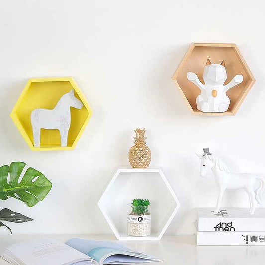 Nordic Hexagon Solid Wood Wall Shelf - Geometric Floating Decorative Display Rack