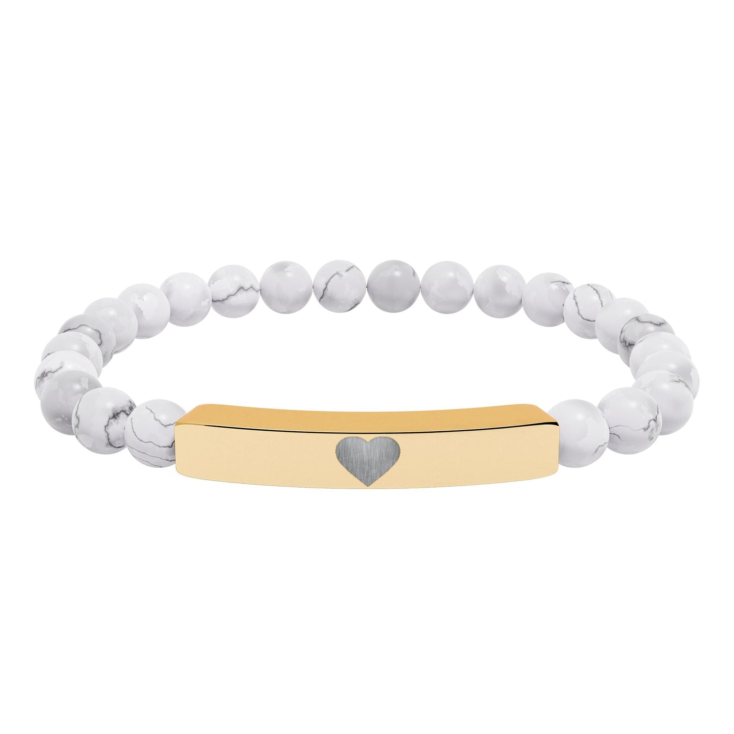 Engraved Natural Stone Stretch Bar Bracelet — Personalized Heart Bar Beaded Bracelet