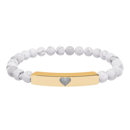 Engraved Natural Stone Stretch Bar Bracelet — Personalized Heart Bar Beaded Bracelet