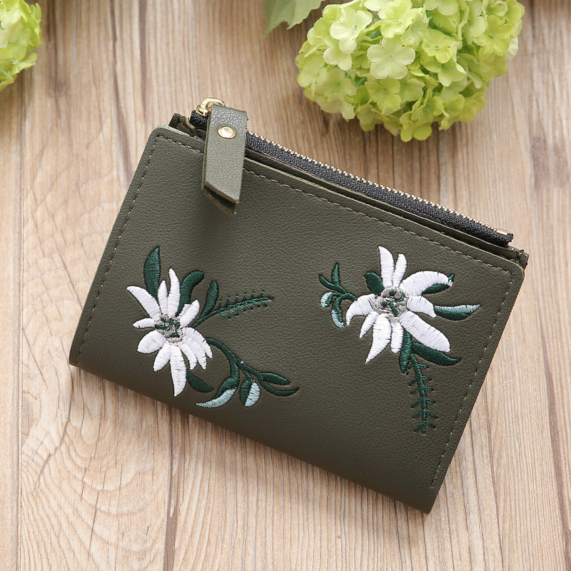 Women's Embroidered PU Leather Zipper Wallet - Slim Korean Style Floral Coin Purse