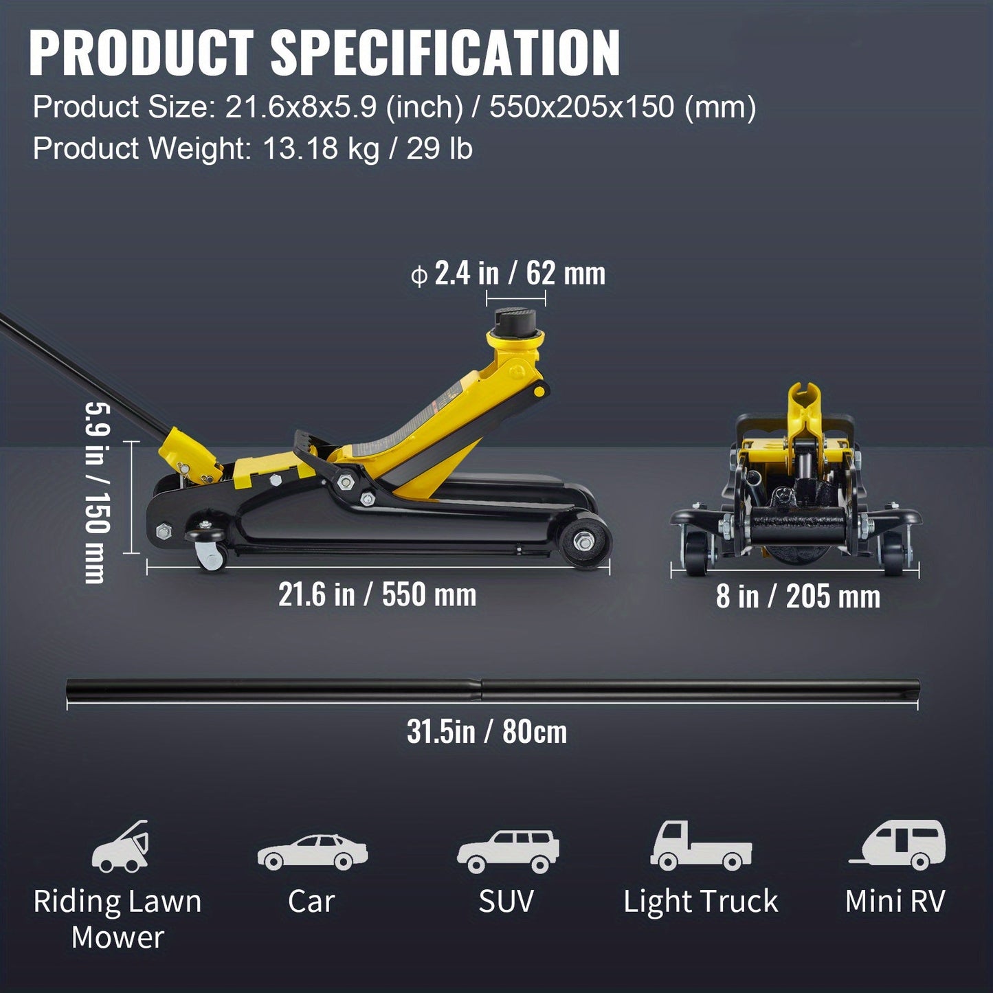 Happybuy 2.5 Ton Alloy Single Cylinder Compact Car Jack 3"-15"