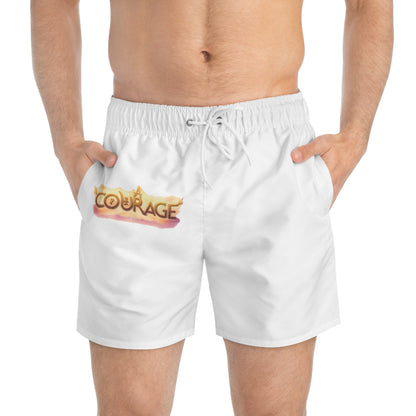Courage Graphic Swim Trunks — White AOP with 'Courage' Flame Logo & ULP Shield