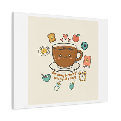 Surviving Mornings (One Sip at a Time) Canvas | Parenting Morning Humor, Coffee & Kids