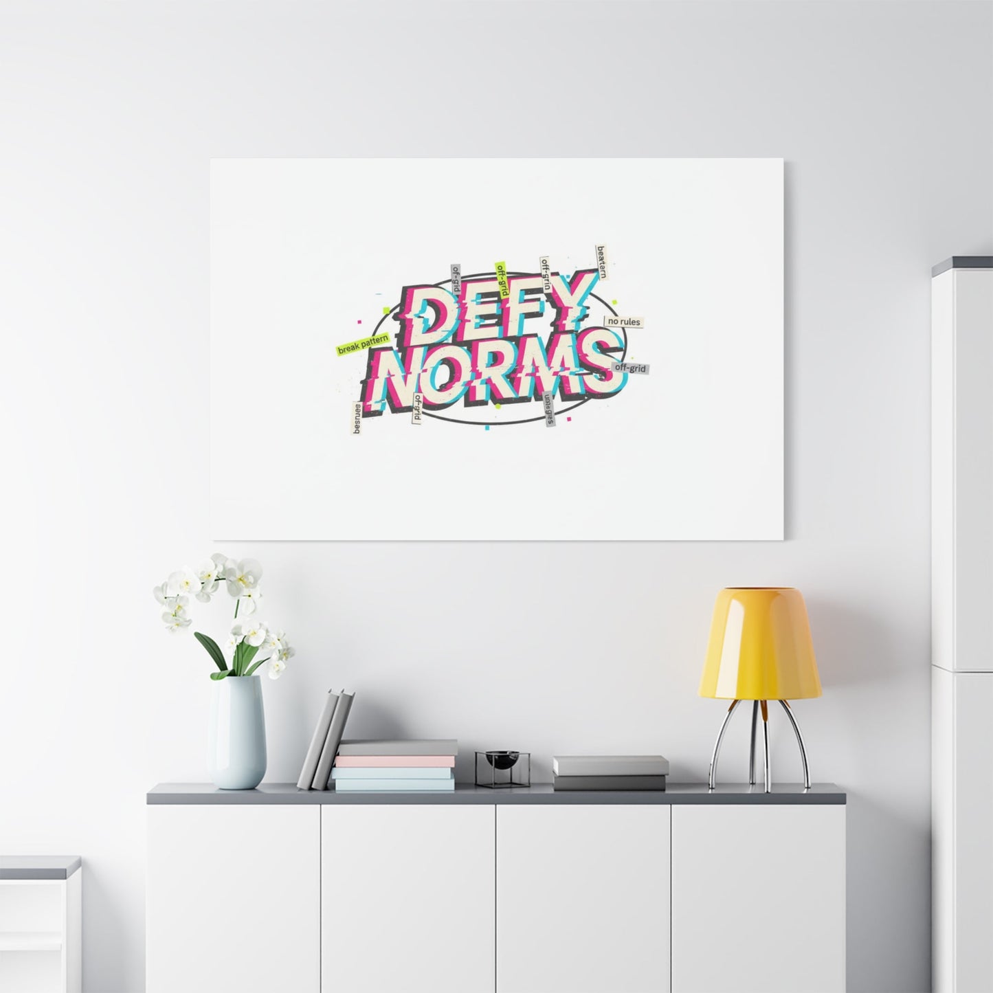 Defy Norms Canvas, Anti-Aesthetic Glitch Typography, Brutalist Poster Style