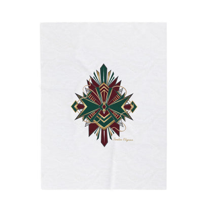 Art Deco Emerald & Burgundy Geometric Velvet Throw Blanket | Brass Chrome Fan Motif