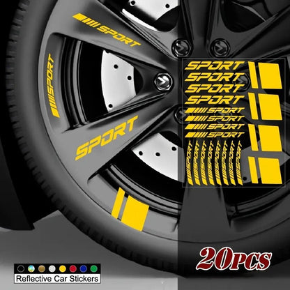 20pcs Reflective Sport Car Wheel Rim Vinyl Stickers - Self-Adhesive Racing Stripe Decals with Glossy Finish, Checkered & Stripe Patterns, Red/ Colors, Irregular Shapes for Night Driving Safety, Easy Application & Removal, Dur