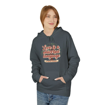 Hoodie — “Love is a Universal Language” Cozy Retro Cabin Graphic Hoodie