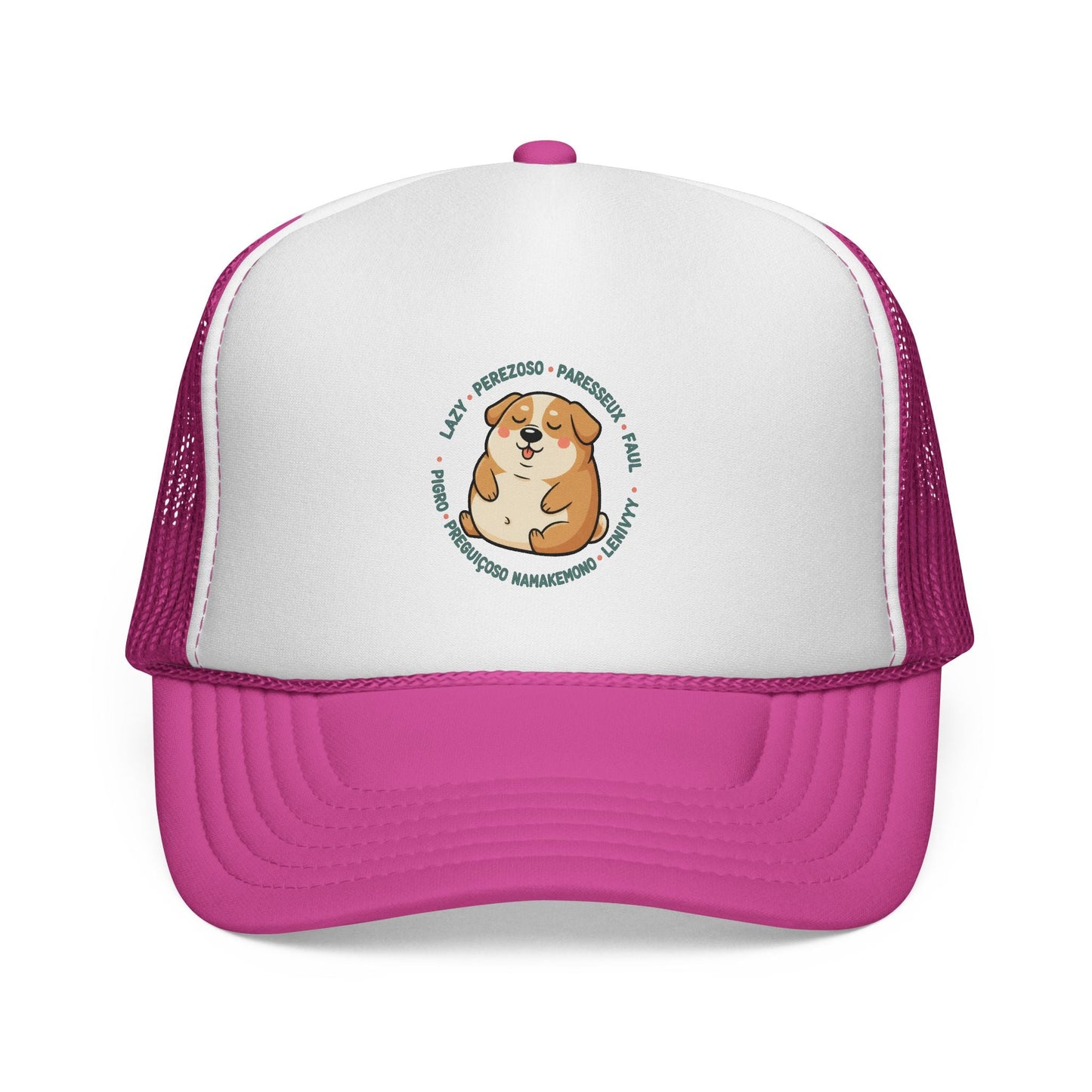 Funny Dog Meme Trucker Cap — "Fat Lazy" Multilingual Design (8 Languages)