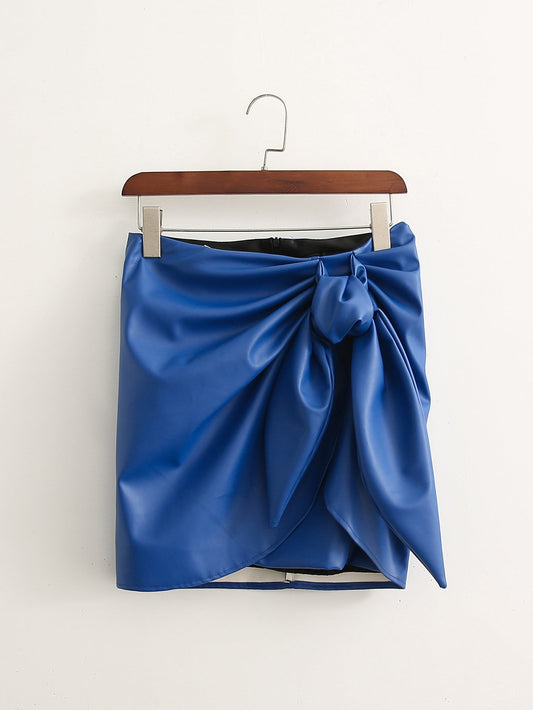 Royal Blue Knotted Hip PU Leather Skirt