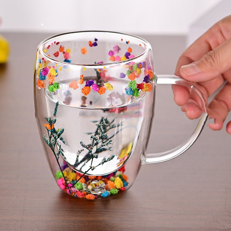 Creative Real Flower Heat-resistant Double Layer Glass Cup
