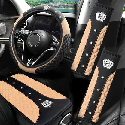 PU Leather Car Steering Wheel Cover Set, Carbon Fiber Pattern, Shoulder Pads, Leather Armrest, 4 pcs, for Comfortable Driving