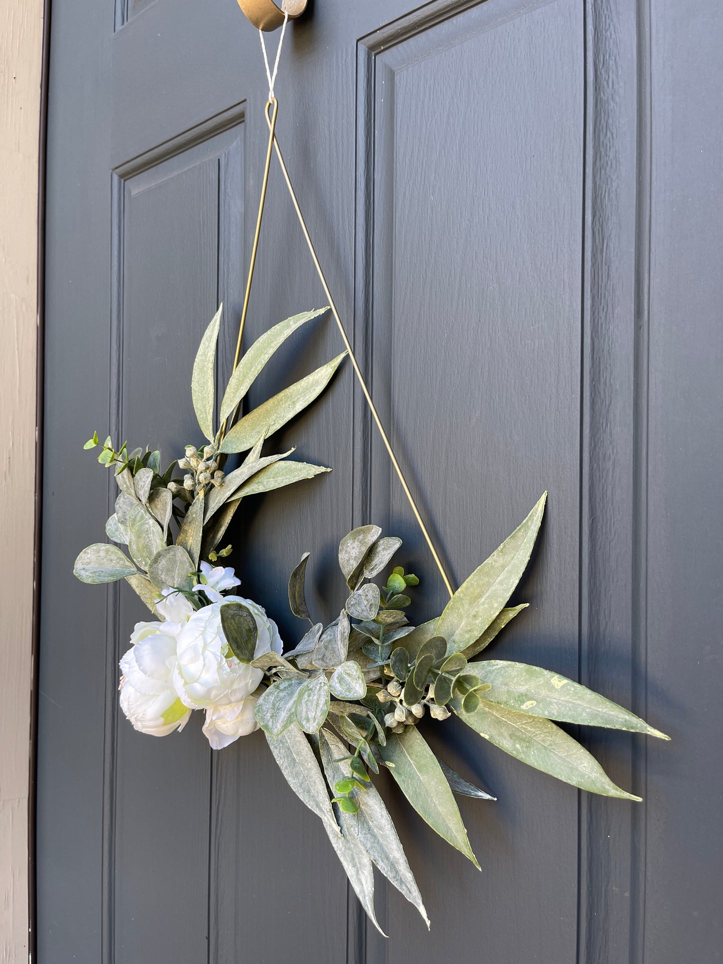 White Peony Eucalyptus Teardrop Wreath
