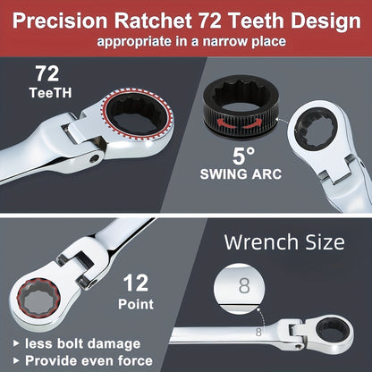2/10pcs Heavy-duty Industrial 72-tooth Socket Wrenches, Fixed Head and Ratchet Mechanical Tools, 2-in-1 Open and Box Wrenches, Cr-V Structure, Auto Repair, DIY, Professional Tool Kit (compatible with 6&8mm)