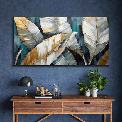 Handmade Oil Painting Canvas Wall Art Decoration Abstract Large Golden Green Banana Leaves Pictures Modern Family Bedroom Decor Rolled Frameless Unstretched Painting