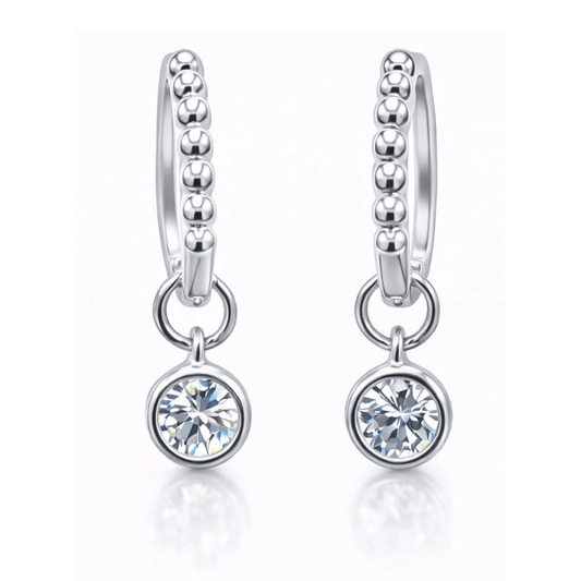 1CTW Created Moissanite Beaded Hoop Drop Earrings in 14kt Gold Over Sterling Silver - Round or Cushion Cut