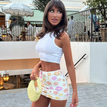 Womens Colorful Sequin Bodycon Skirt - Sparkly Floral Party Mini Skirt