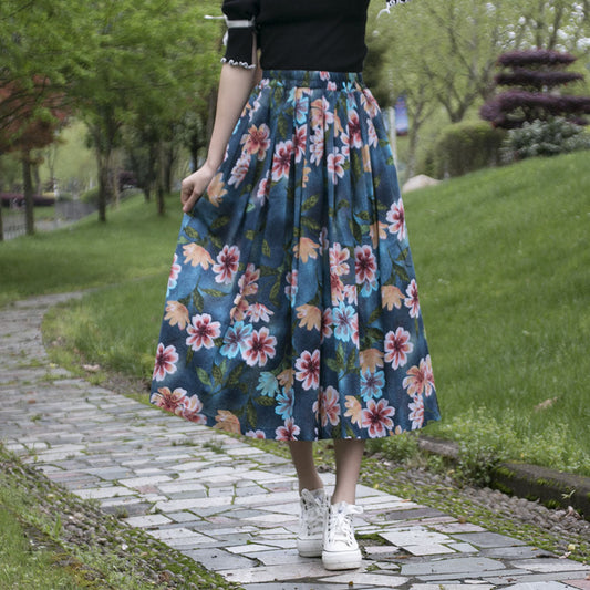 Women's New Ethnic Print Cotton Linen Skirt