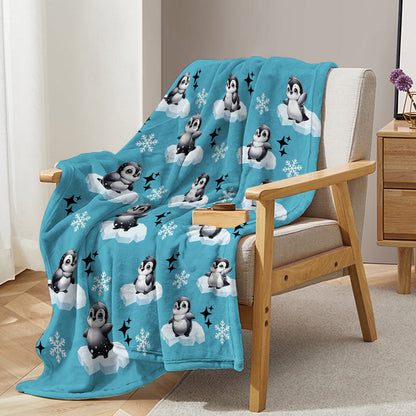 1pc Cute Penguin Snow Cloud Pattern Blue Winter Sofa Blanket Printed Flannel Blanket Comfortable And Warm Home Hugging Blanket Suitable For Bed Sofa Camping And Multi Scene Seasonal Use