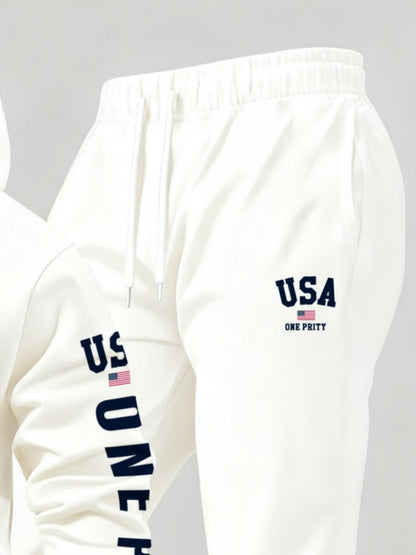 Men'S USA Flag Print Hoodie & Sweatpants Two-Piece Set - White with Red, White & Blue Design, Comfortable Warm Casual Streetwear Outfit, Regular Fit, Long Sleeve