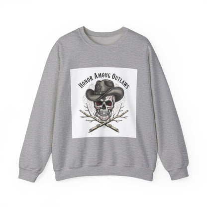 Honor Among Outlaws Crewneck, western skull art | gothic Americana, desert noir design