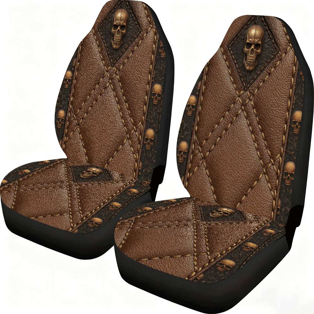 2pcs Brown Skull Car Seat Covers Suitable for Front Seats, High Back Design, Material, Suitable for Cars, SUVs and Trucks, Women's Car Accessories, Christmas Eve Scares, Halloween, Special Promotion Clearance.
