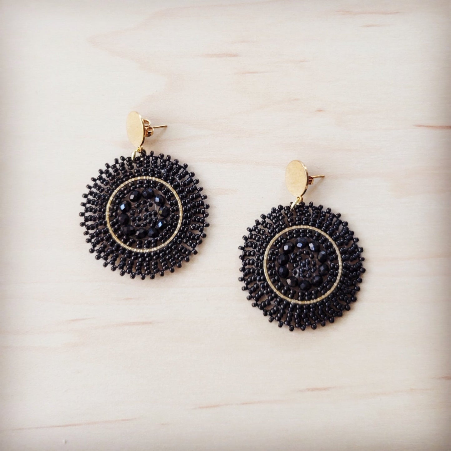 **Gold & Ebony Beaded Medallion Dangle Earrings 219ci