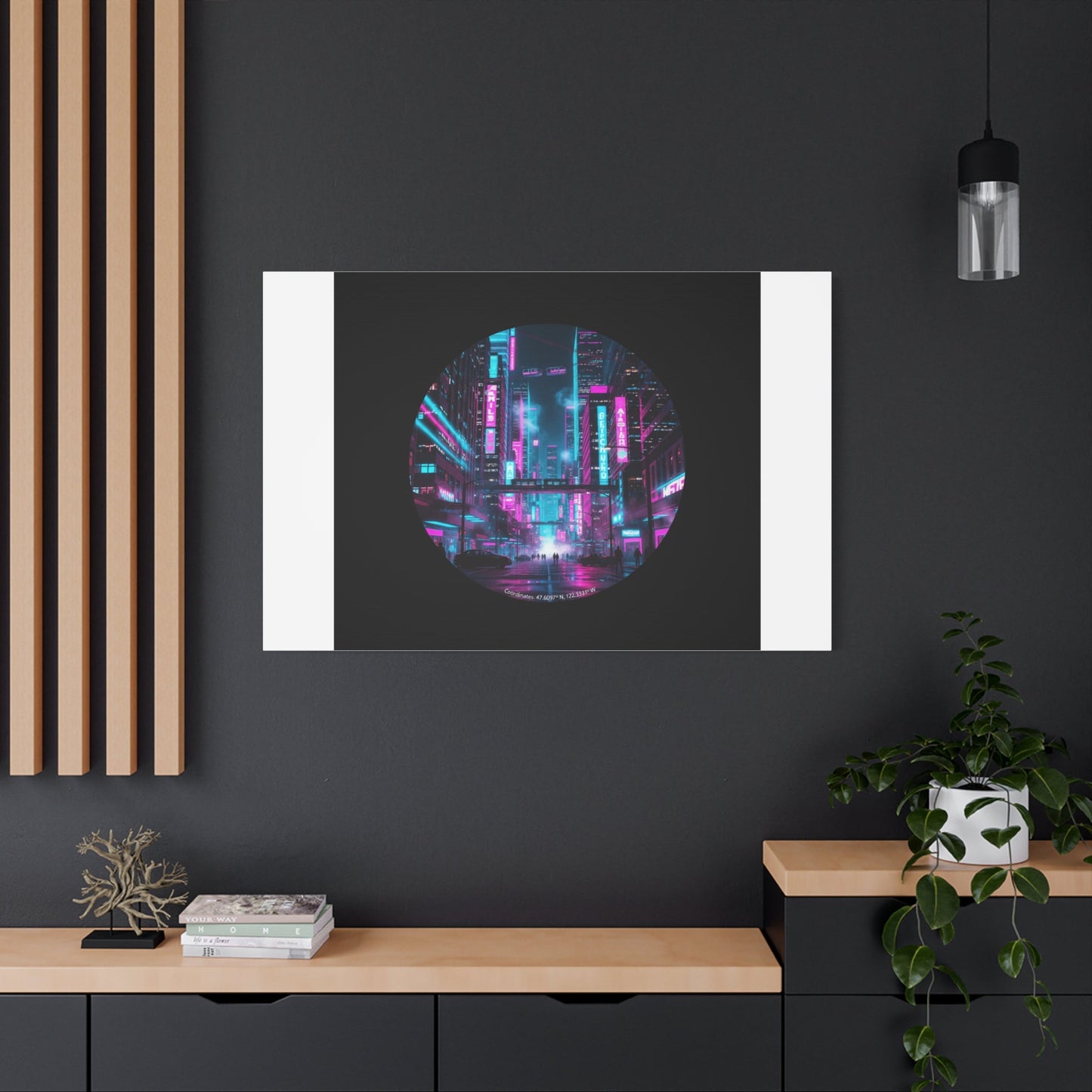 Neon Cyberpunk Cityscape Canvas | synthwave skyline, future city art