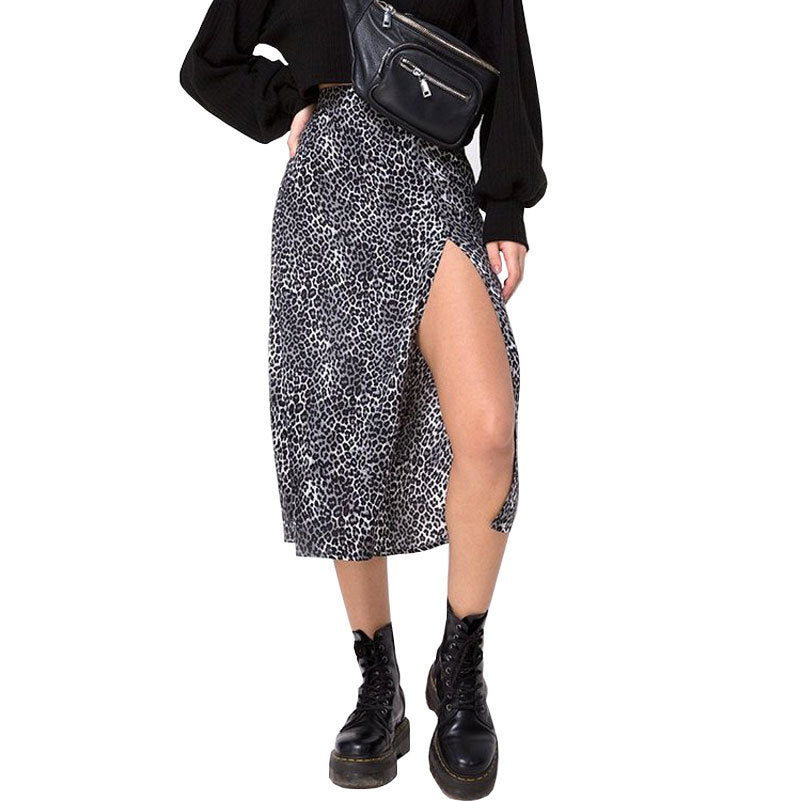Leopard print floral print high waist stretch slit long A-line skirt