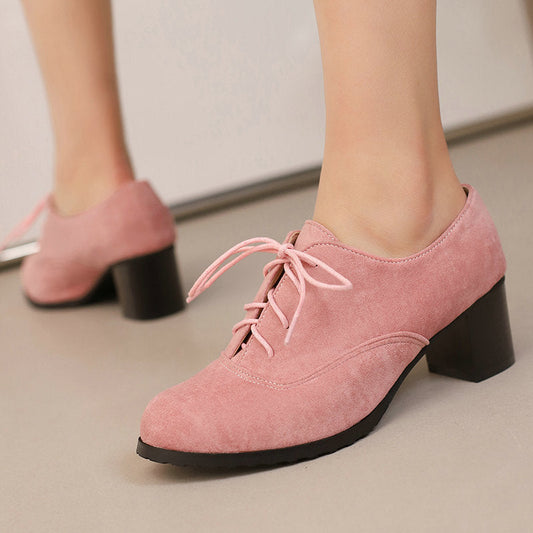 Womens Deep-v Cut Shoes With A Round Toe Chunky Heel And Matte Finish Featuring Front Lacing