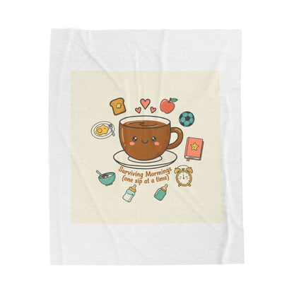 Surviving Mornings Coffee Mug Illustration Velveteen Plush Blanket | Parenting Morning Humor