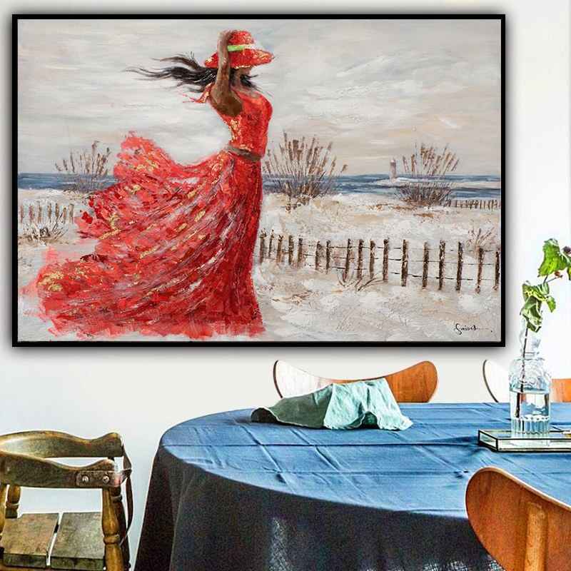Hand-Painted Oil Painting Canvas Wall Art Decoration Girl Red Dress Seaside Abstract People Texture Art For Home Living Room Artwork Decor Rolled Frameless Unstretched Painting
