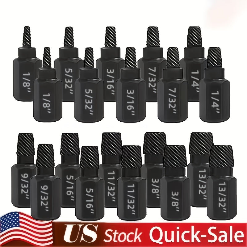 20pcs Industrial Screw Extractor Set: Alloy Steel Damaged Screw Removal Kit, Metal Easy-Out Drill Bits, Broken Bolt Stud Extractor Tools, Multi-Groove Screw Extractor Set, Suitable for Bolt Stud Tubes 1/8"-13/32", Local Wareh