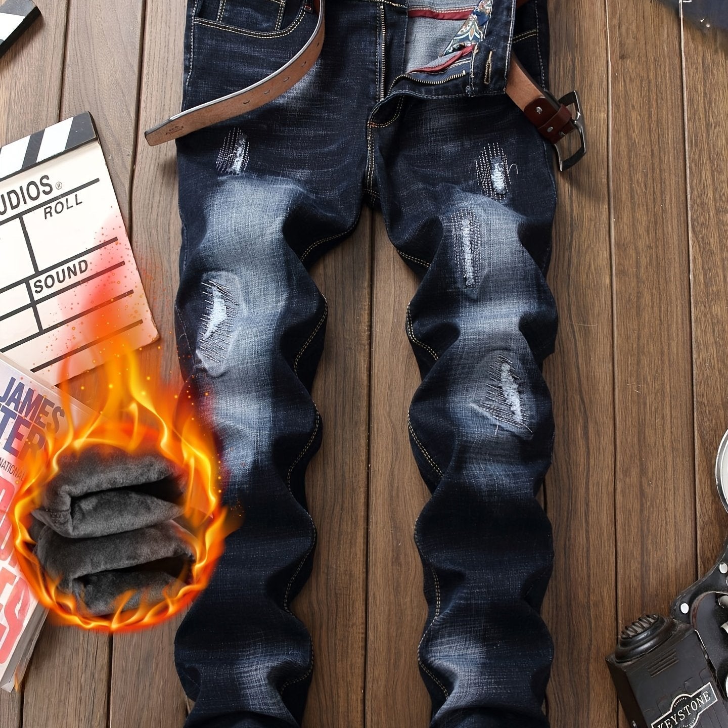 Men's Thermal Distressed Winter Jeans - Thickened Fleece-Lined Denim with Aged Patchwork & Heavy Wash Design