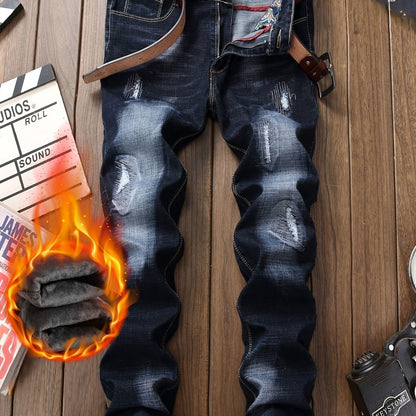 Men's Thermal Distressed Winter Jeans - Thickened Fleece-Lined Denim with Aged Patchwork & Heavy Wash Design