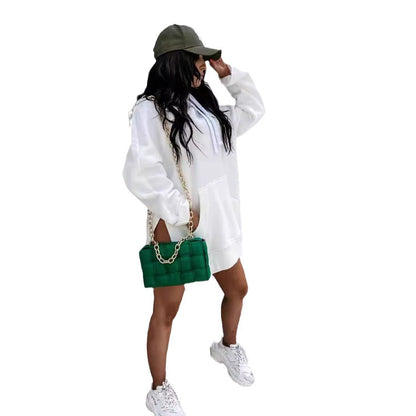 Women's Hooded Sweatshirt With Pockets Fashion Casual Split Mid-length Sweater Drawstring Tops