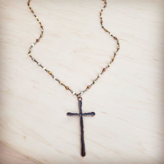 Genuine Natural Agate Long Beaded Necklace with Antique Copper Cross 262z