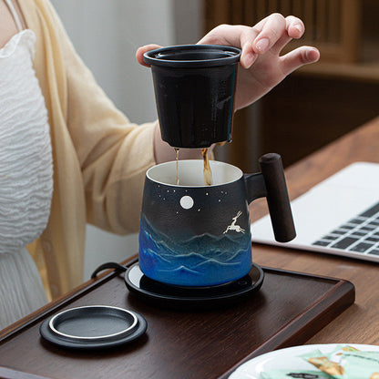 Large capacity tea cup with filter cover and starry sky pattern